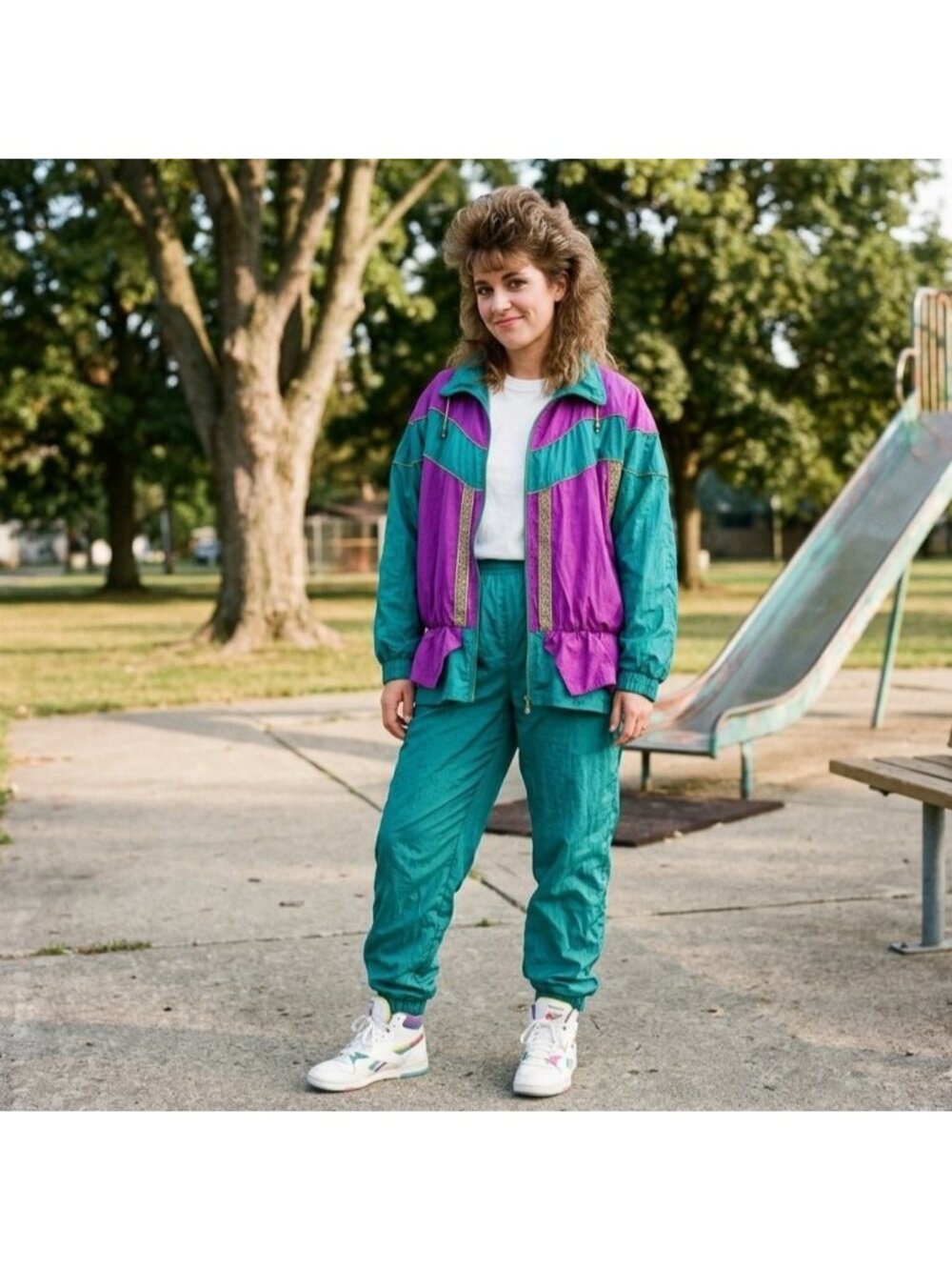 Bocoo 80s Two-Piece Tracksuit Teal & Purple Windbreaker Jacket & Pants Set L - Picture 10 of 10